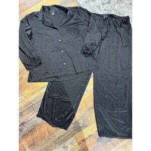 NATORI 2 Piece Pajama Set Black Solid Embroidered Print Size Small
